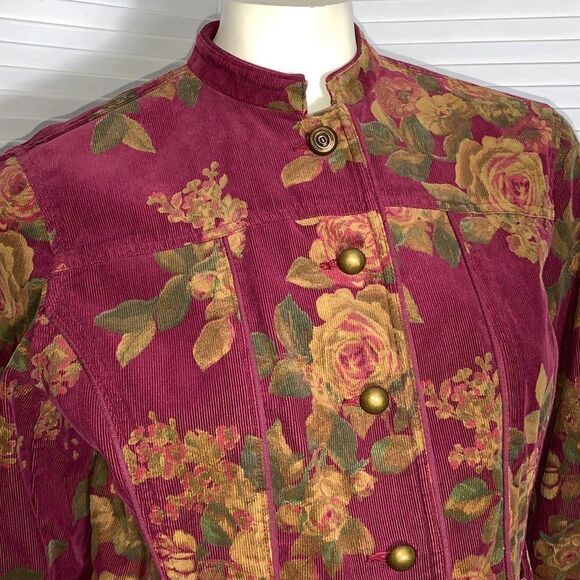 Liz Claiborne Wine Floral Corduroy Button Down Jacket Petite Large - Picture 6 of 14